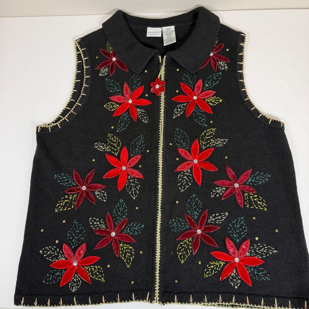 Christmas Sweater Vest 18/20W Poinsettia Beaded Embroidered Zip Festive Holiday
